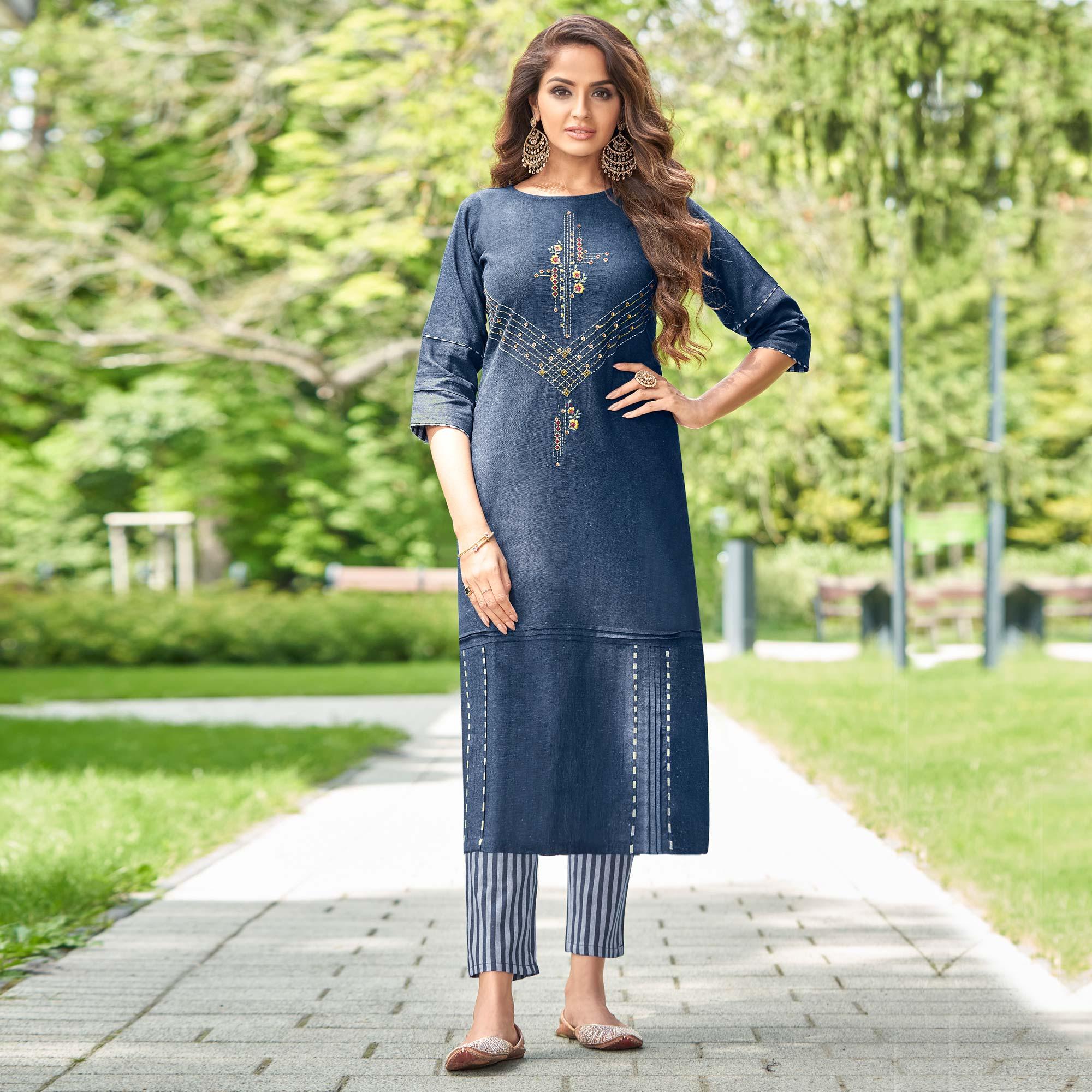Blue Casual Wear Embroidered Cotton Kurti Pant Set - Peachmode