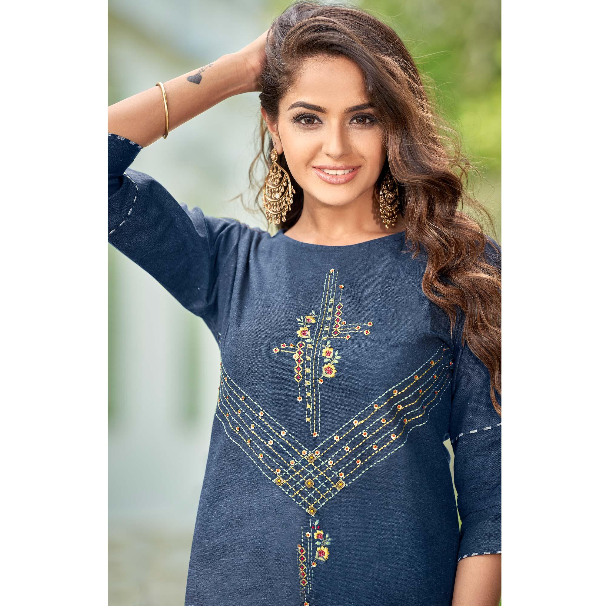Blue Casual Wear Embroidered Cotton Kurti Pant Set - Peachmode