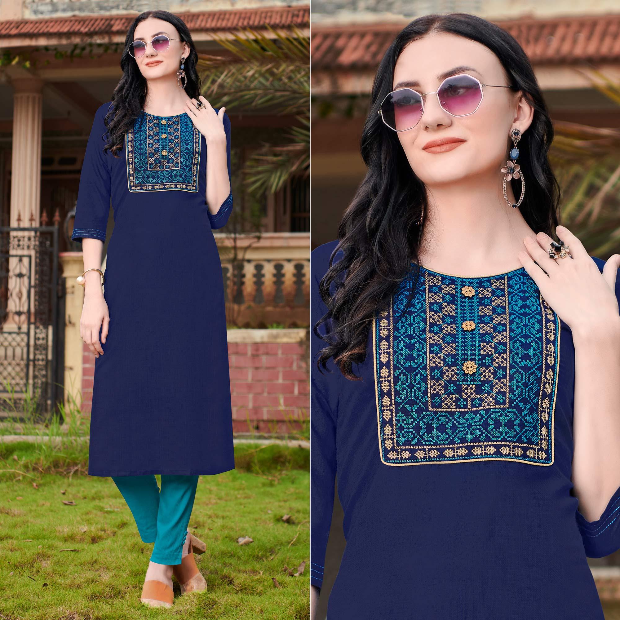 Blue Casual Wear Embroidered Cotton Kurti - Peachmode