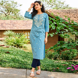 Blue Casual Wear Embroidered Cotton Kurti - Peachmode