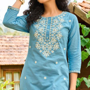 Blue Casual Wear Embroidered Cotton Kurti - Peachmode