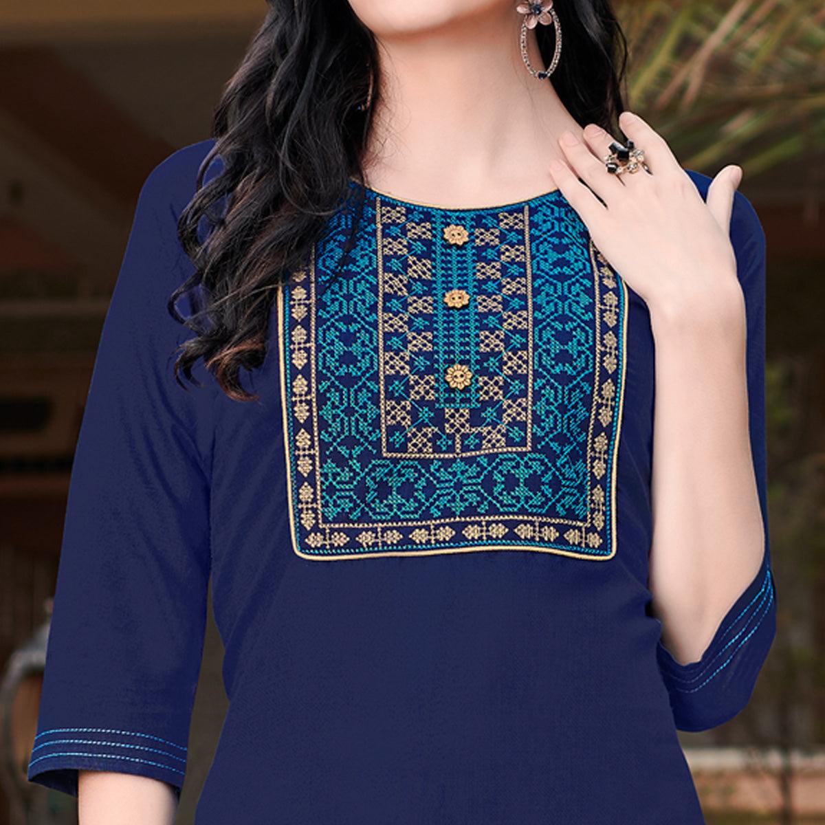 Blue Casual Wear Embroidered Cotton Kurti - Peachmode