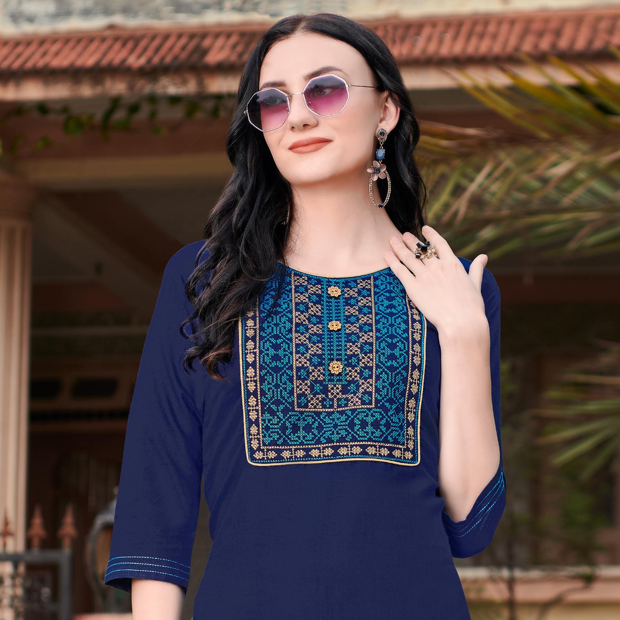 Blue Casual Wear Embroidered Cotton Kurti - Peachmode