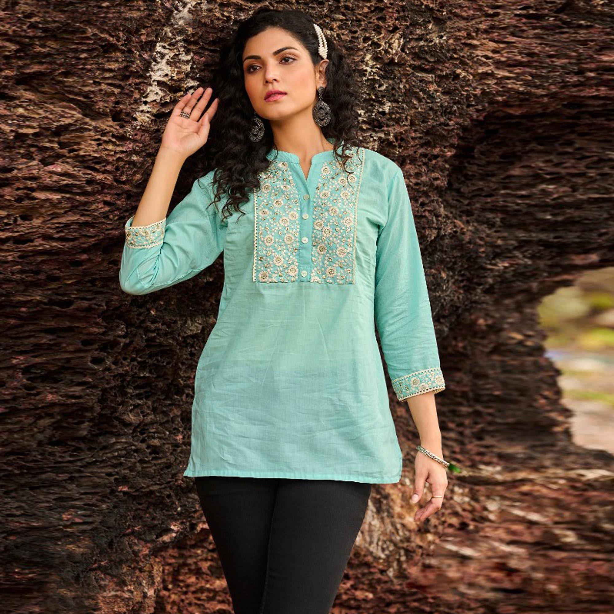Blue Casual Wear Embroidered Cotton Top - Peachmode