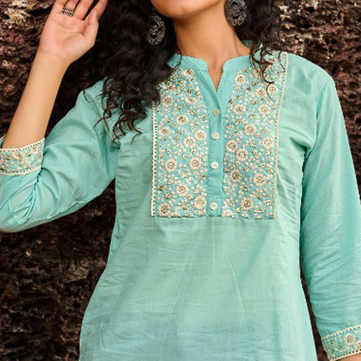 Blue Casual Wear Embroidered Cotton Top - Peachmode