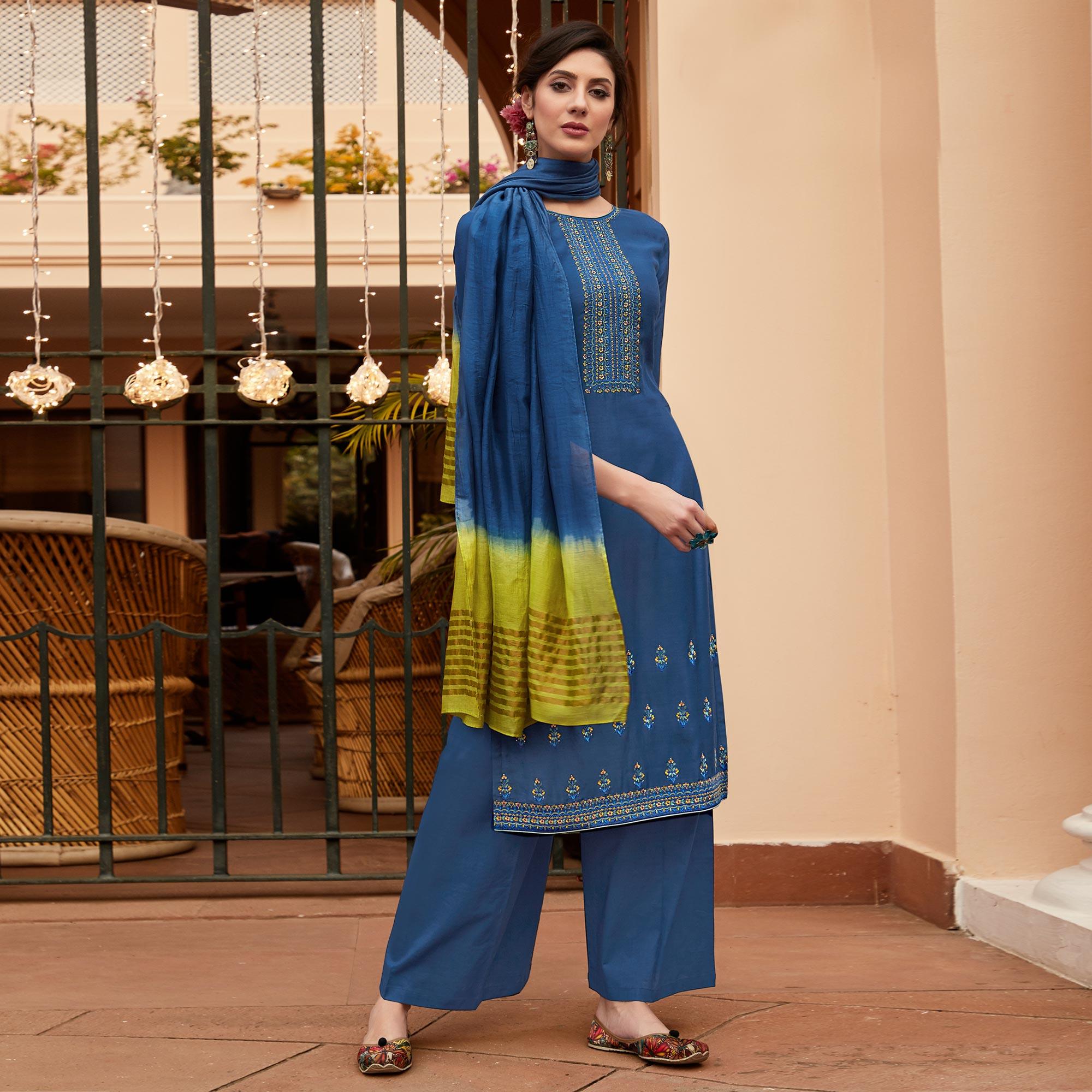 Blue Casual Wear Embroidered Georgette Suit - Peachmode
