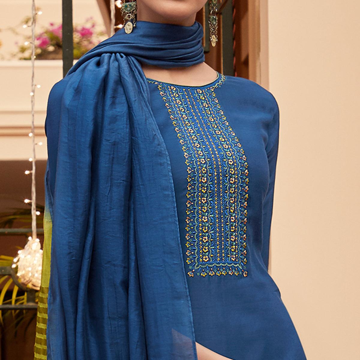 Blue Casual Wear Embroidered Georgette Suit - Peachmode