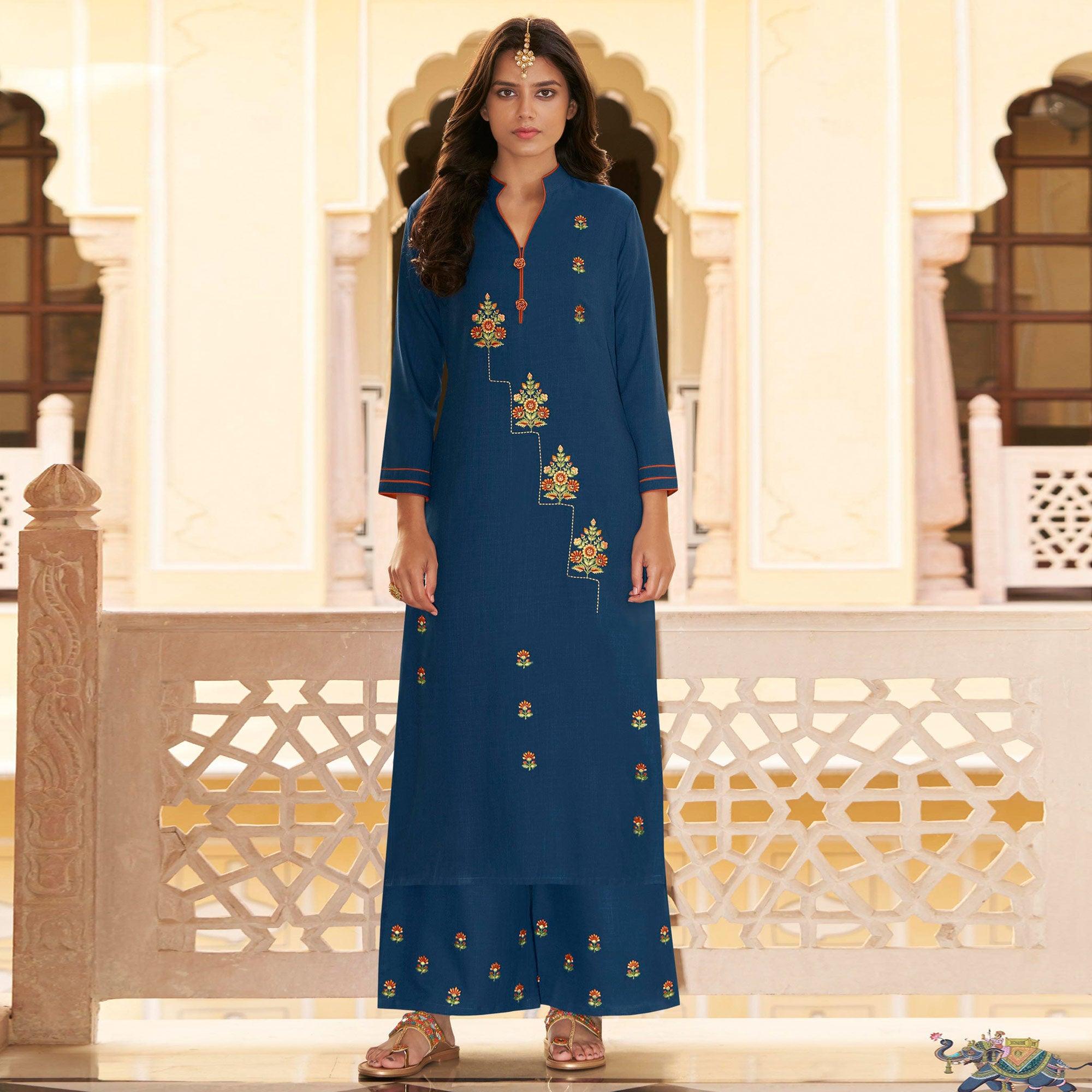 Blue Casual Wear Embroidered Heavy Rayon Kurti - Palazzo Set - Peachmode