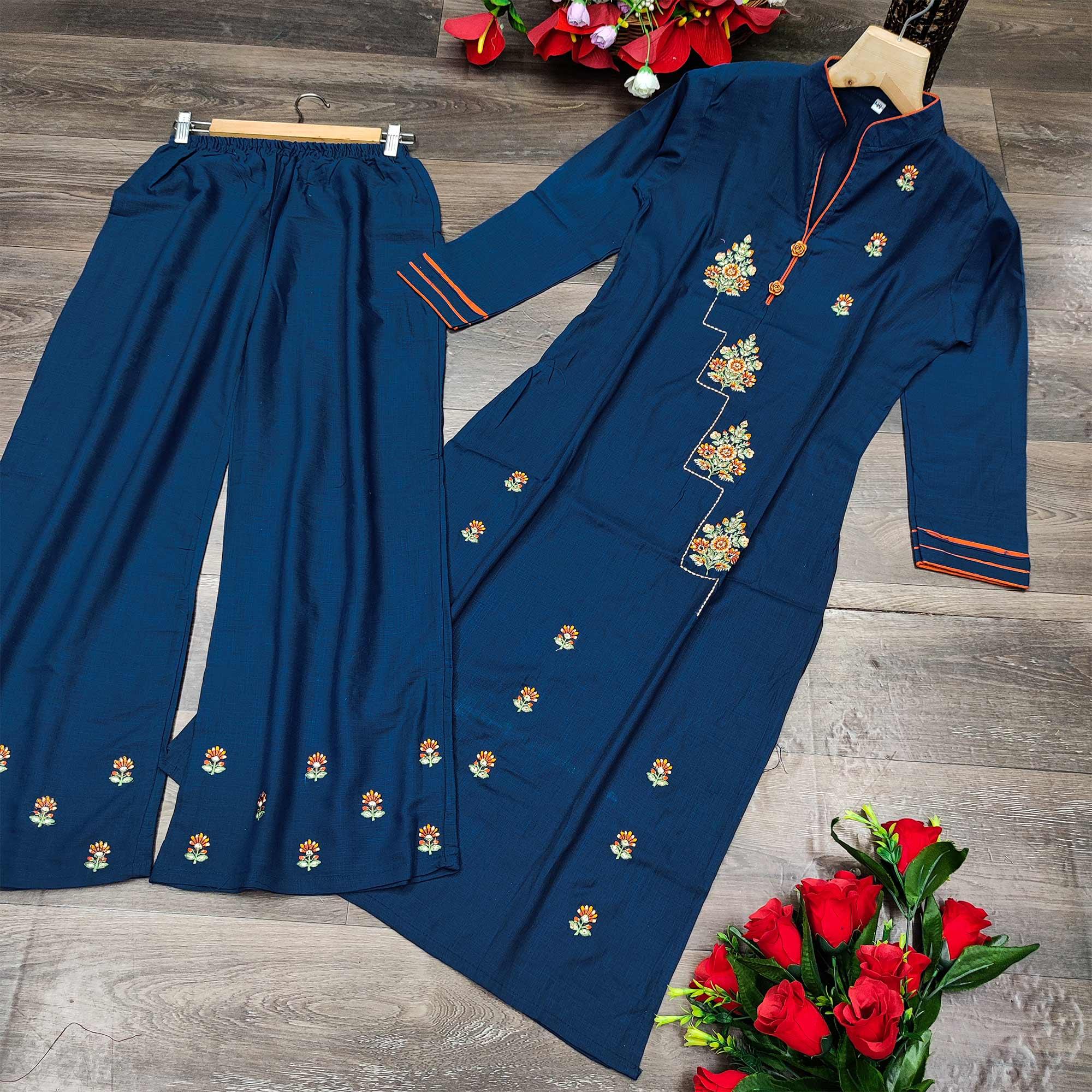 Blue Casual Wear Embroidered Heavy Rayon Kurti - Palazzo Set - Peachmode