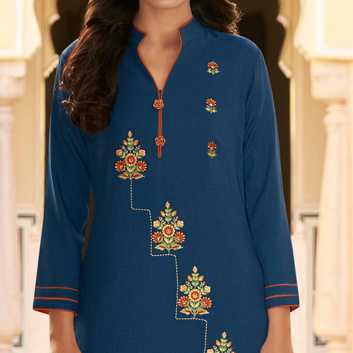 Blue Casual Wear Embroidered Heavy Rayon Kurti - Palazzo Set - Peachmode