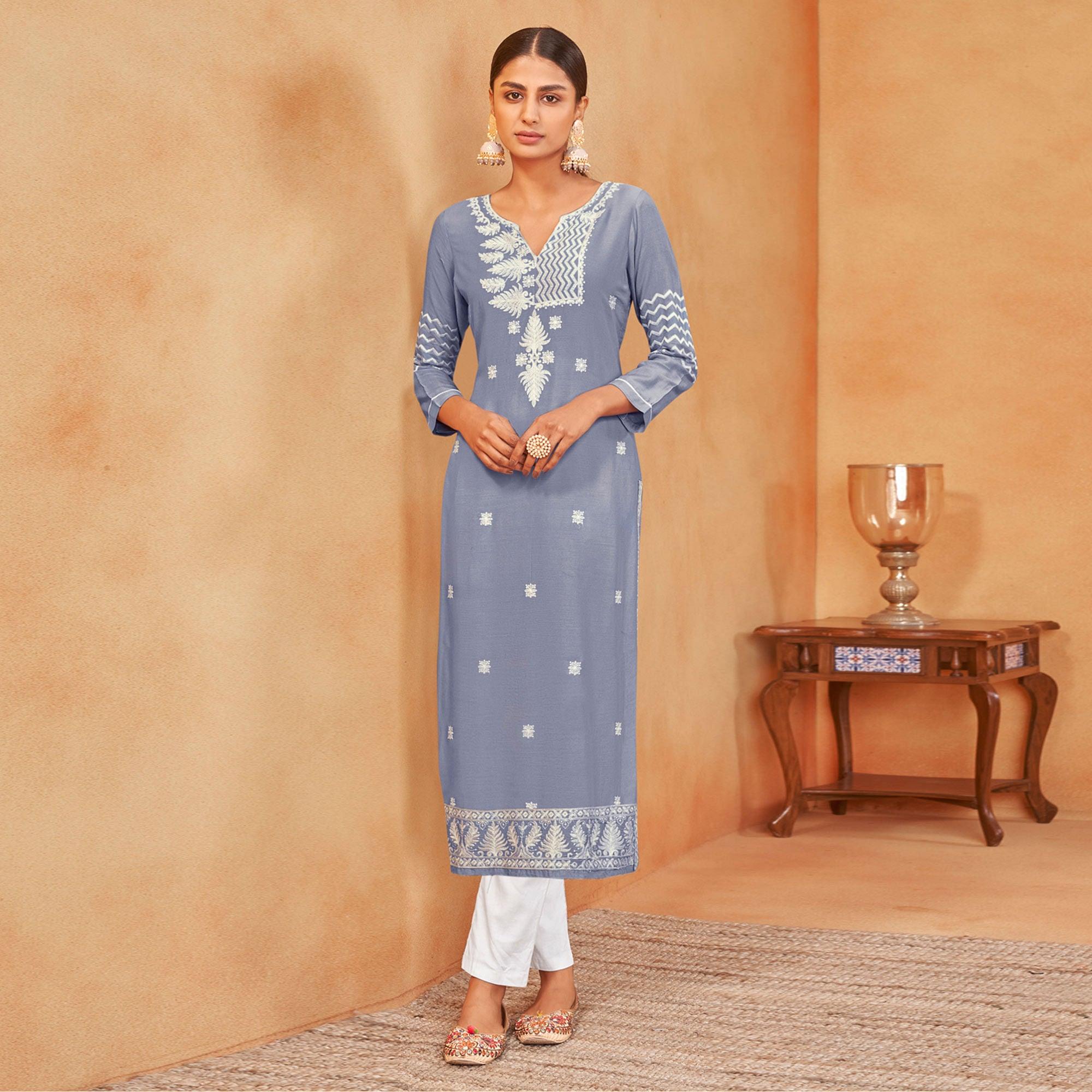 Blue Casual Wear Embroidered Pure Rayon Viscose Kurti - Peachmode