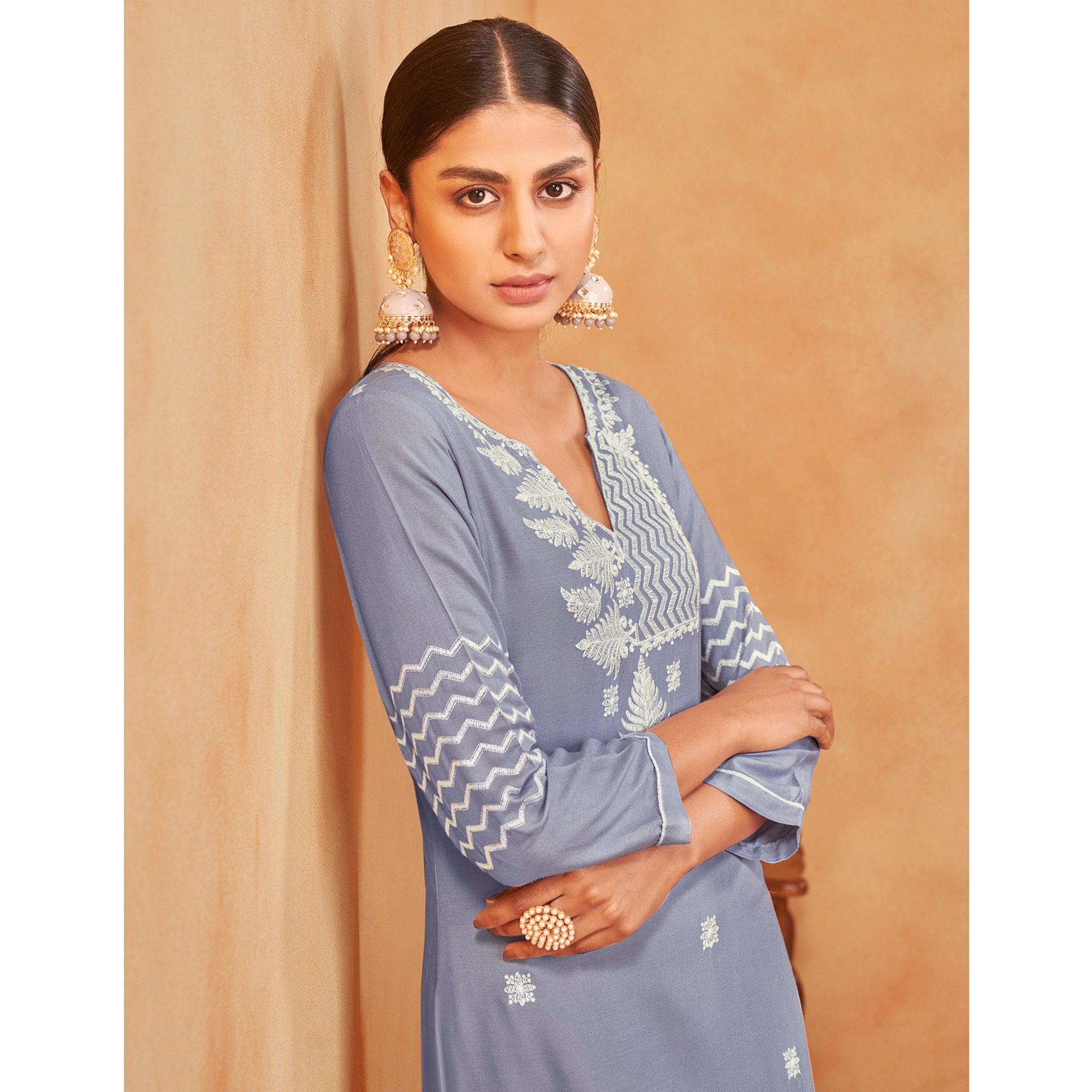 Blue Casual Wear Embroidered Pure Rayon Viscose Kurti - Peachmode