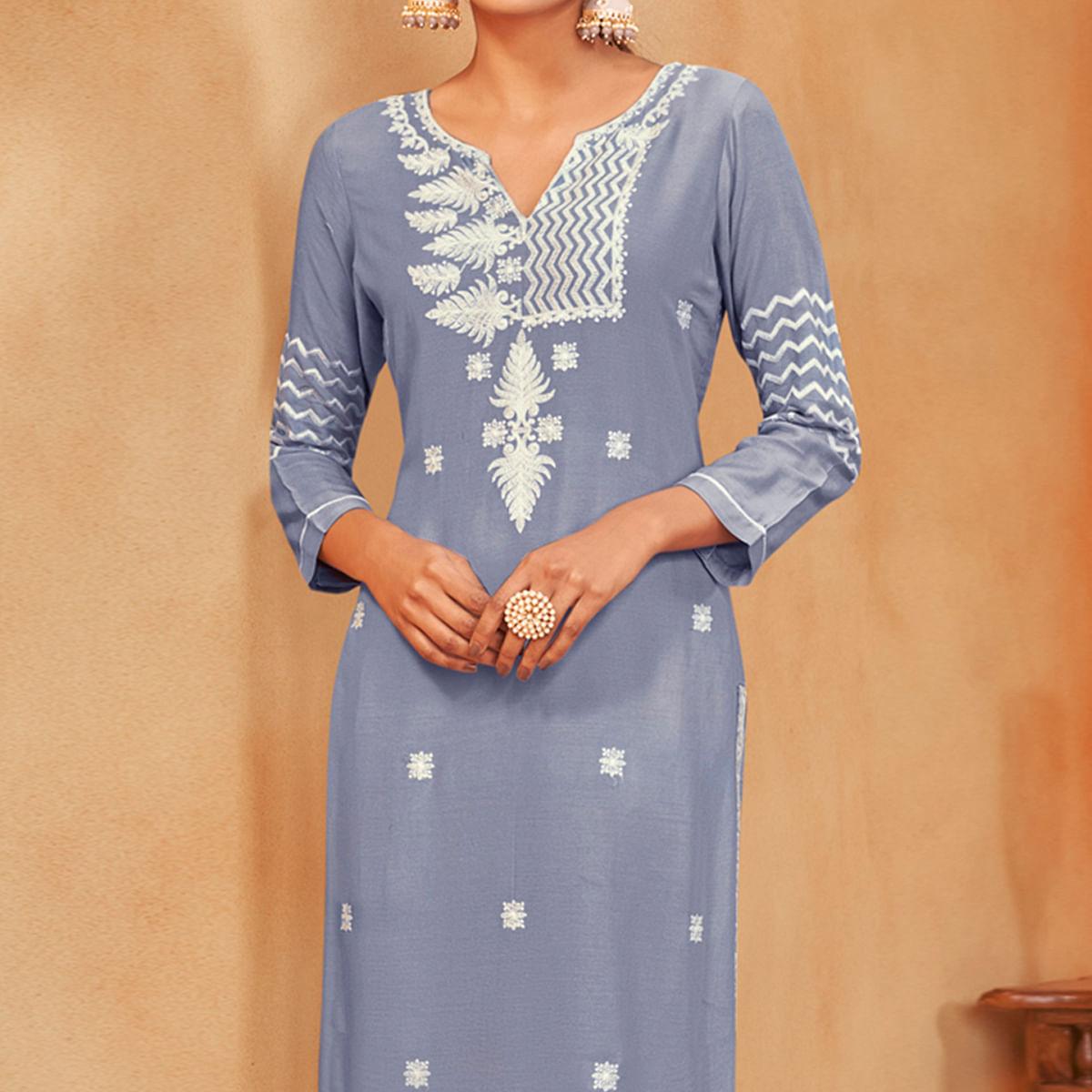Blue Casual Wear Embroidered Pure Rayon Viscose Kurti - Peachmode