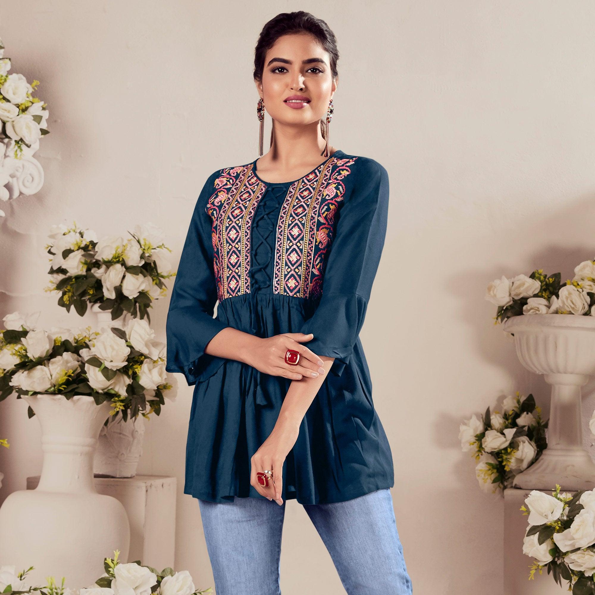 Blue Casual Wear Embroidered Rayon Top - Peachmode