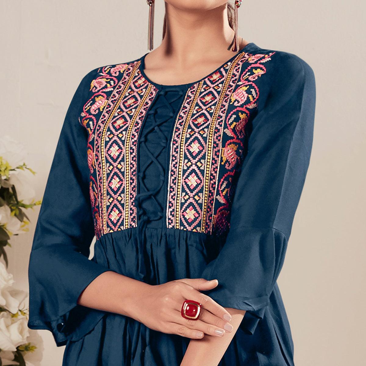 Blue Casual Wear Embroidered Rayon Top - Peachmode