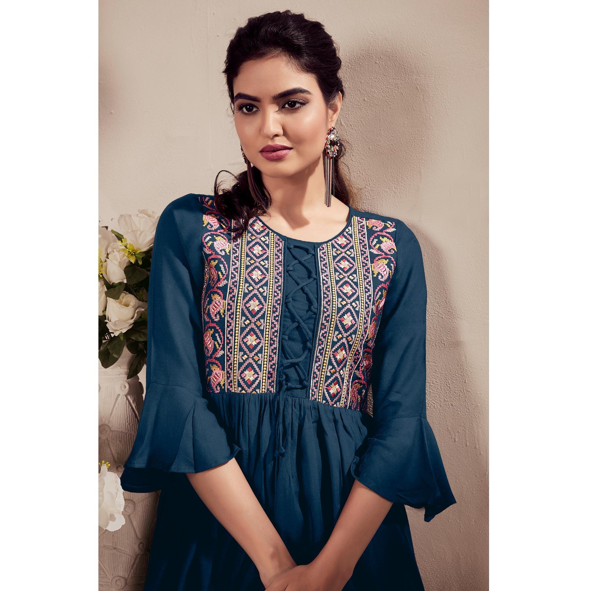 Blue Casual Wear Embroidered Rayon Top - Peachmode