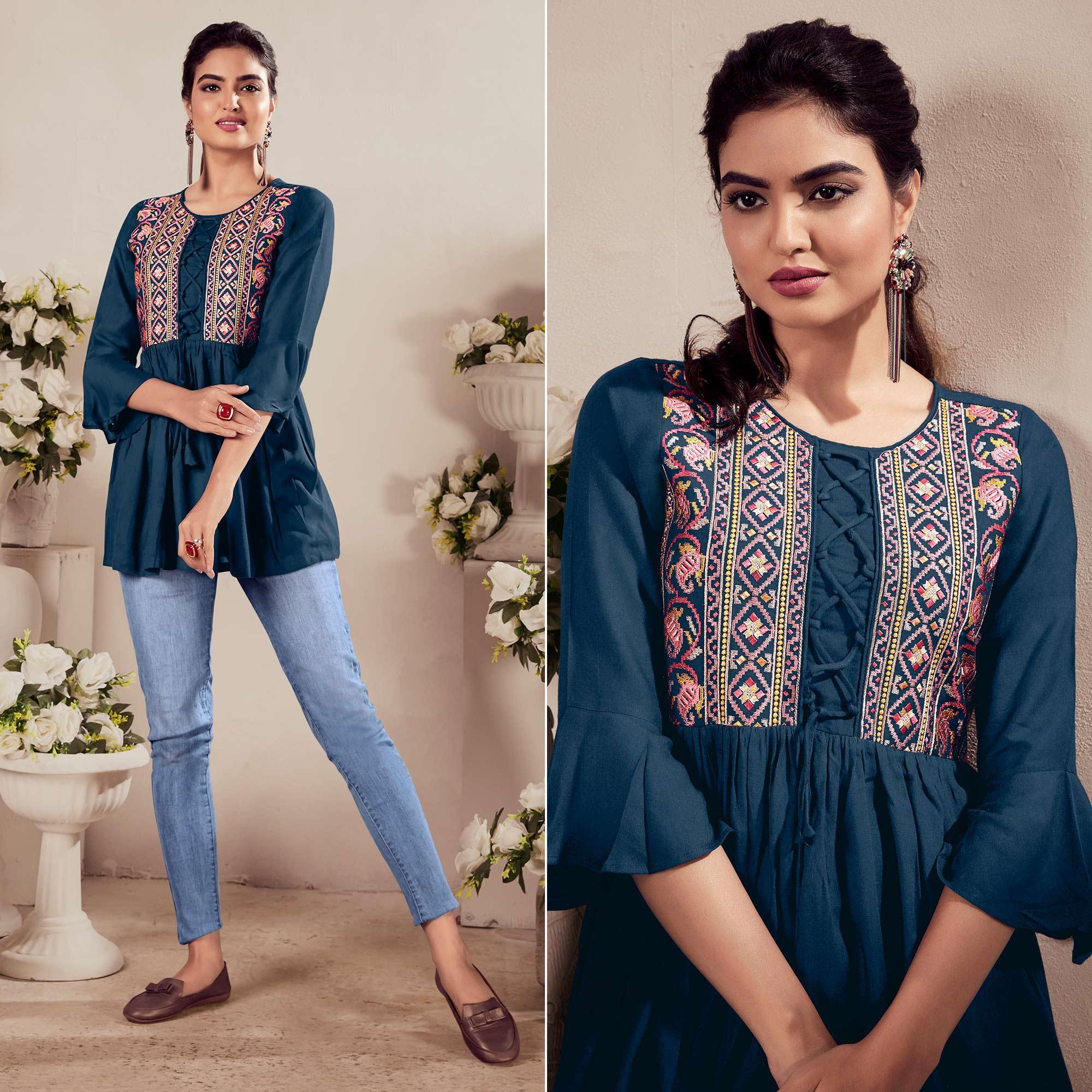 Blue Casual Wear Embroidered Rayon Top - Peachmode