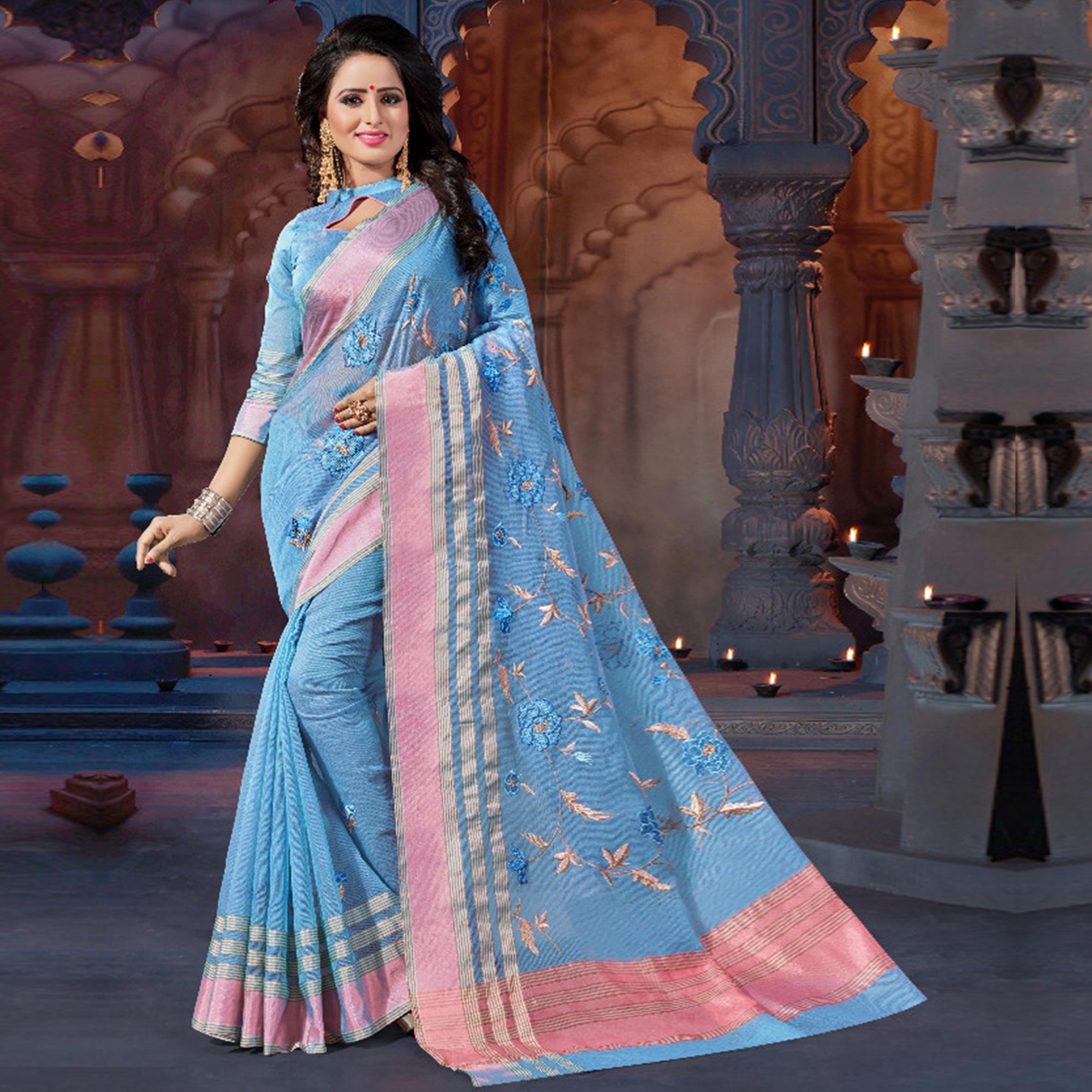 Blue Casual Wear Embroidered Supernet Saree - Peachmode