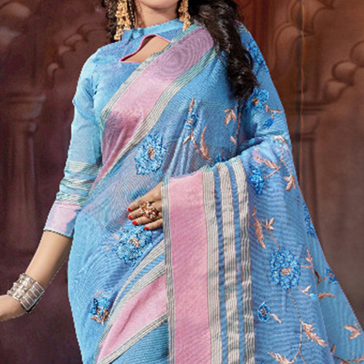 Blue Casual Wear Embroidered Supernet Saree - Peachmode