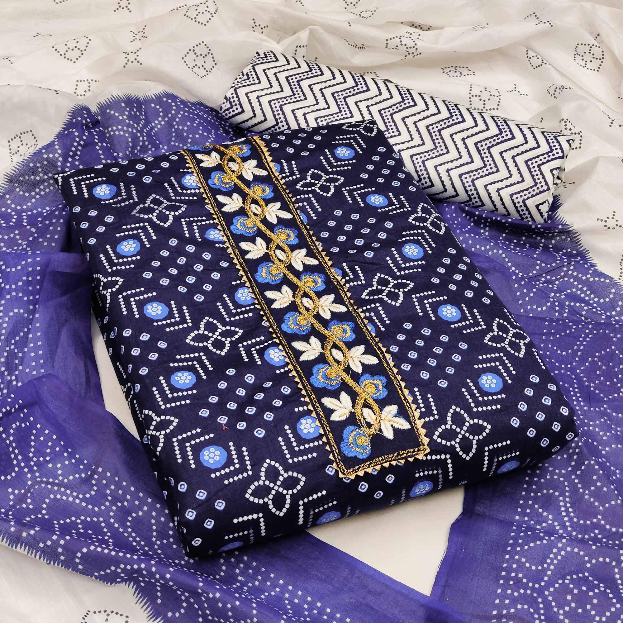 Blue Casual Wear Embroidery With Print Cotton Dress Material - Peachmode