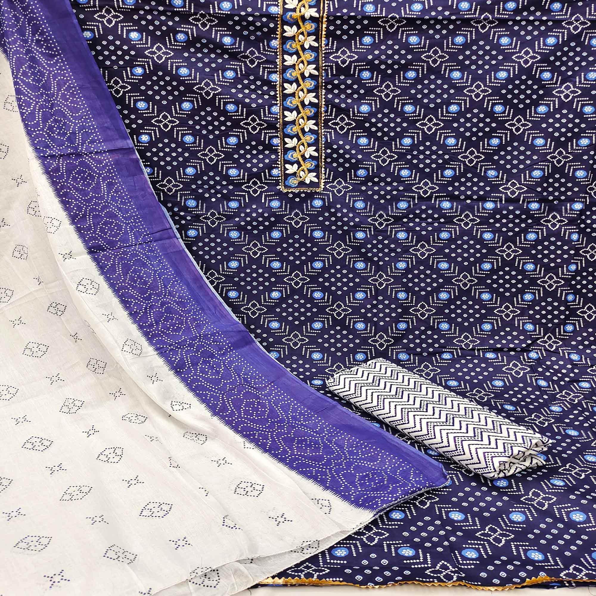 Blue Casual Wear Embroidery With Print Cotton Dress Material - Peachmode