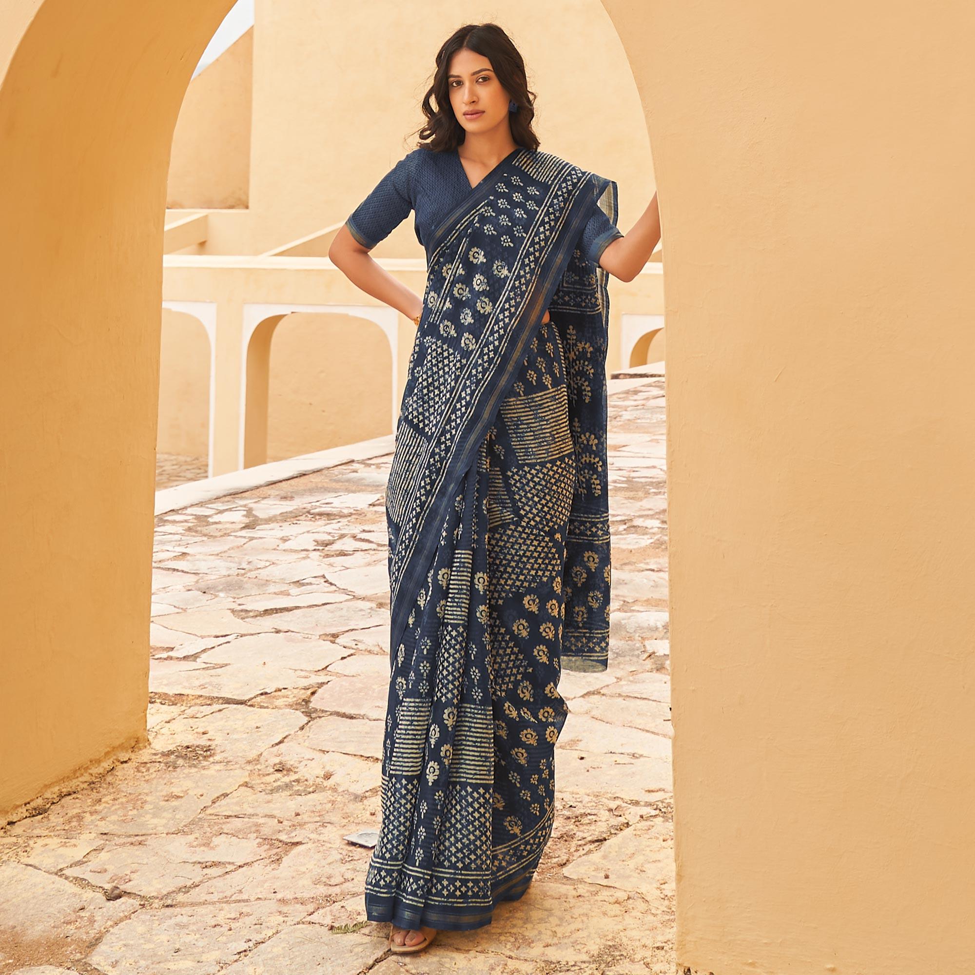 Blue Casual Wear Fancy Printed Linen Saree - Peachmode