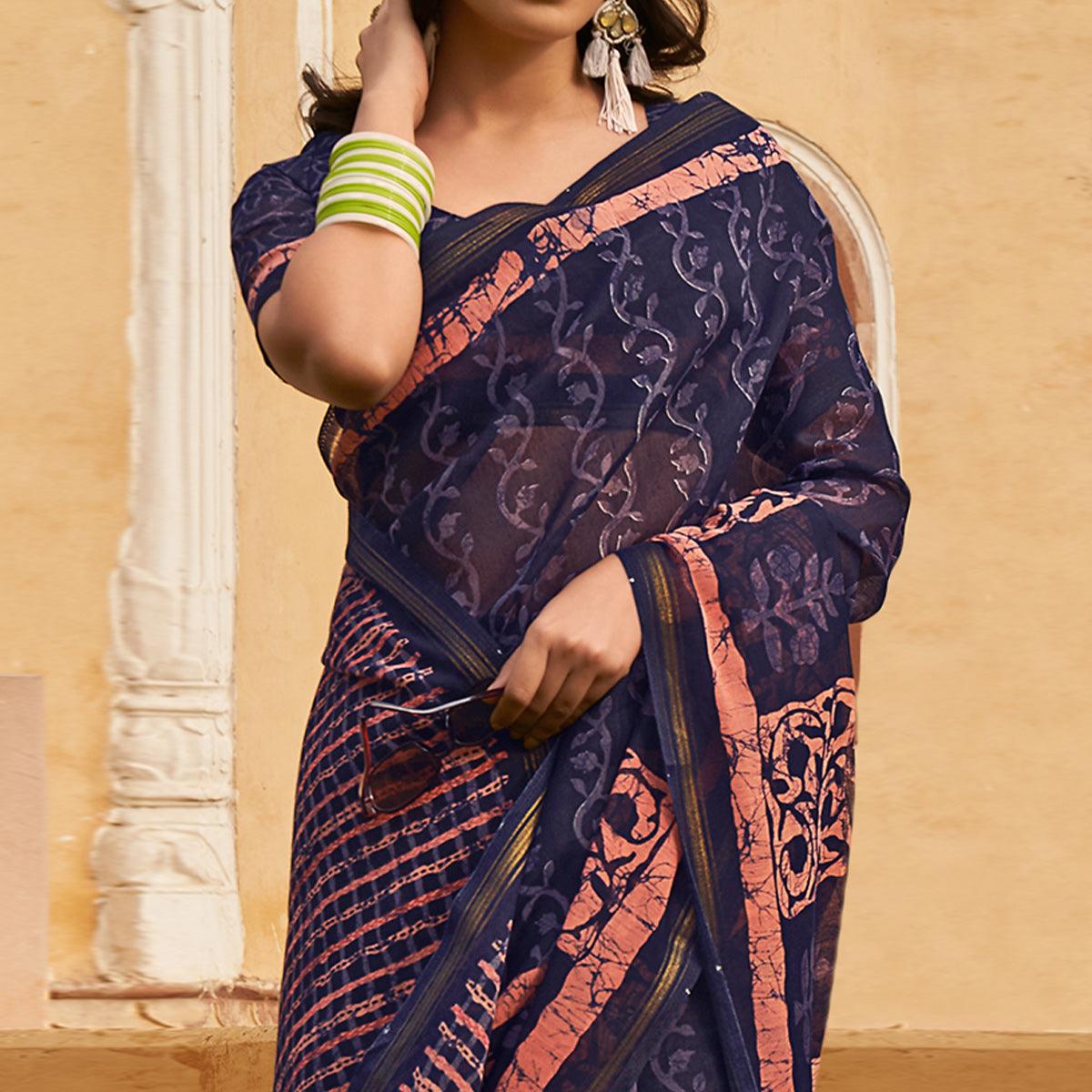 Blue Casual Wear Fancy Printed Linen Saree - Peachmode