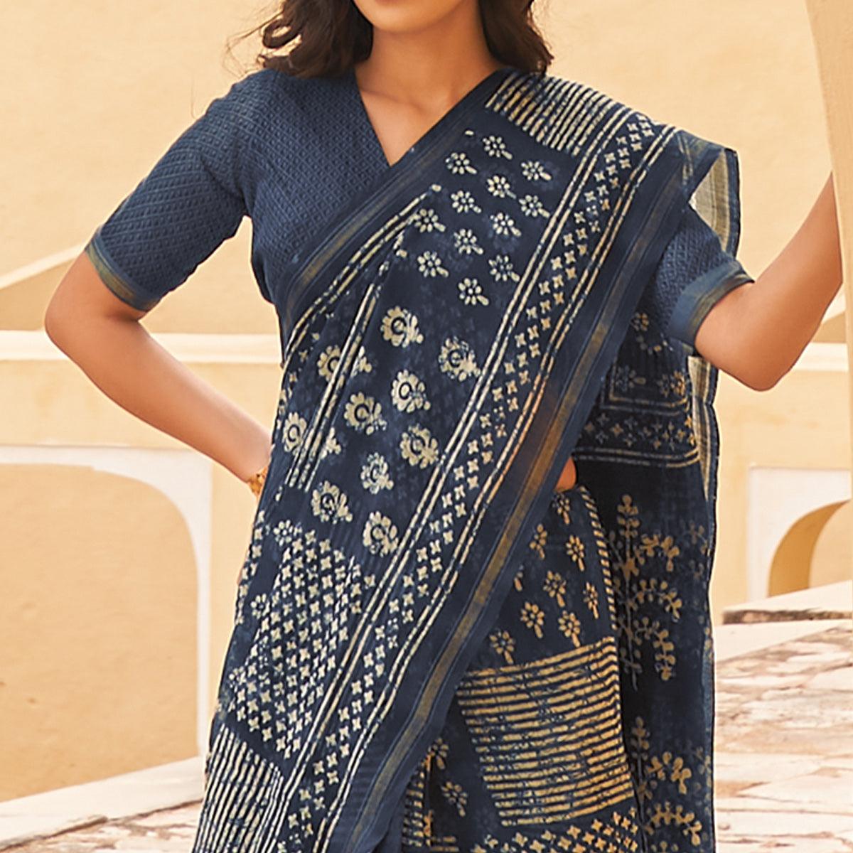 Blue Casual Wear Fancy Printed Linen Saree - Peachmode