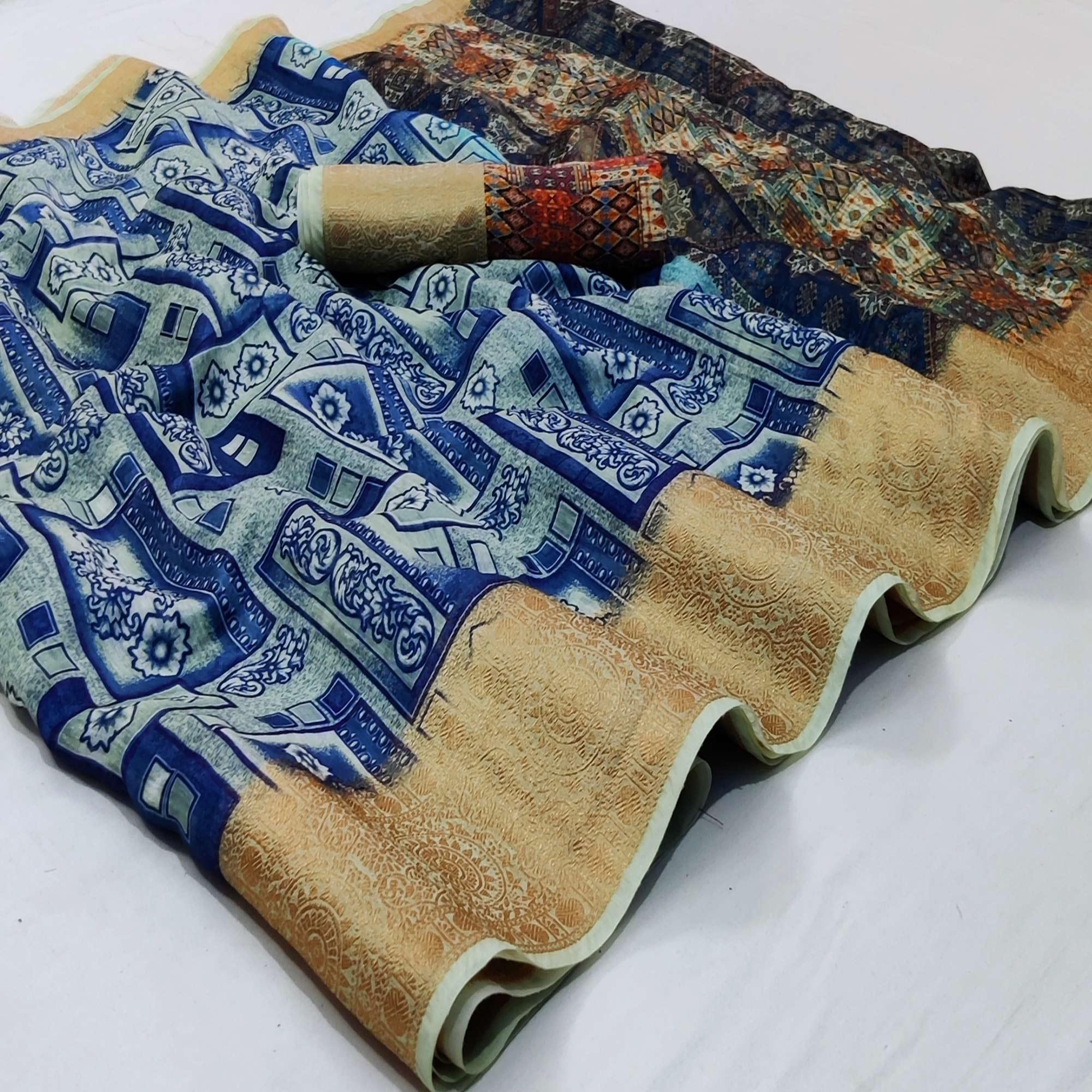 Blue Casual Wear Floral Digital Print With Woven Border Linen Saree - Peachmode