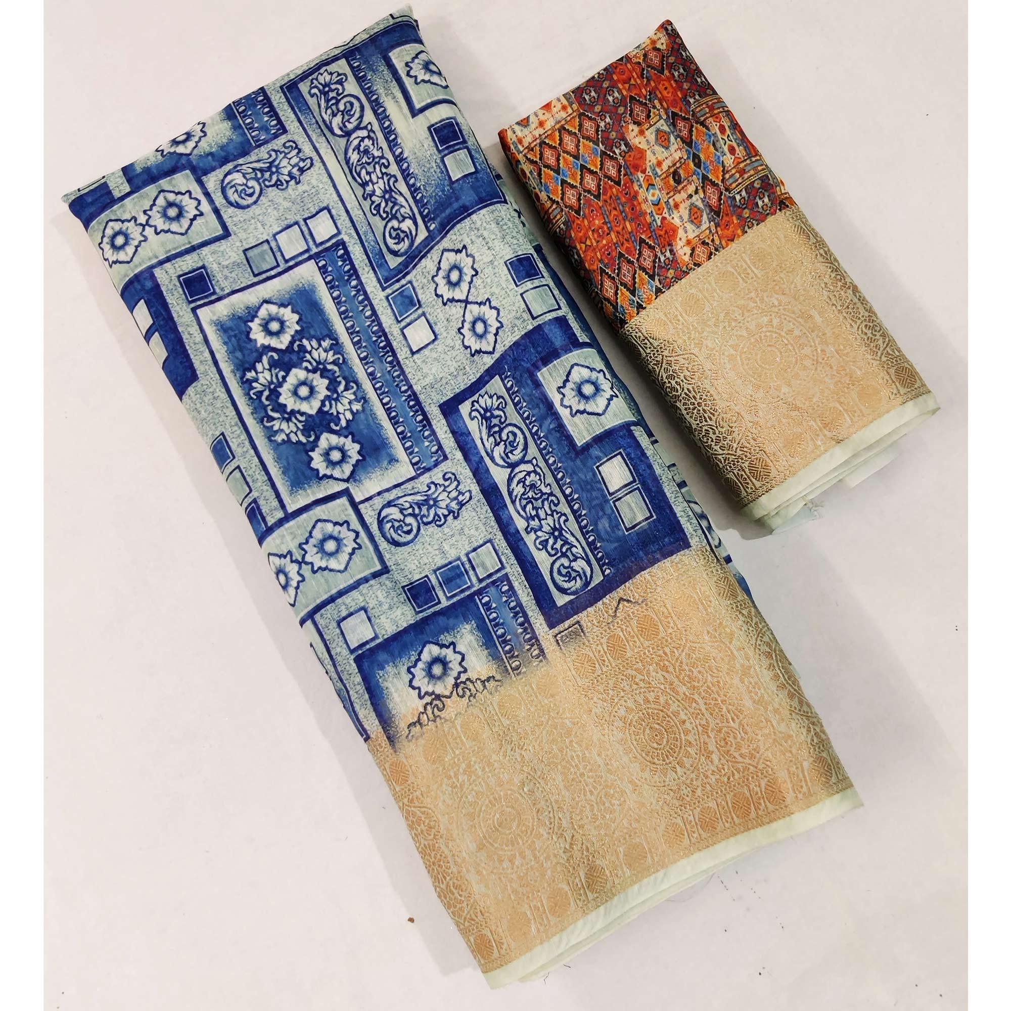 Blue Casual Wear Floral Digital Print With Woven Border Linen Saree - Peachmode