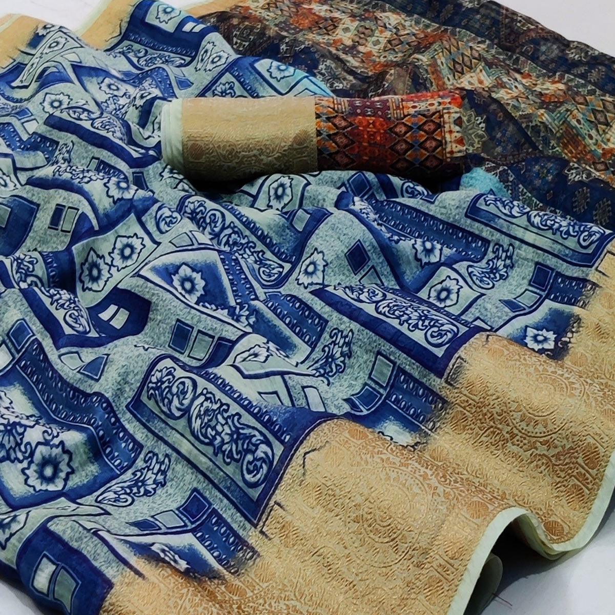 Blue Casual Wear Floral Digital Print With Woven Border Linen Saree - Peachmode
