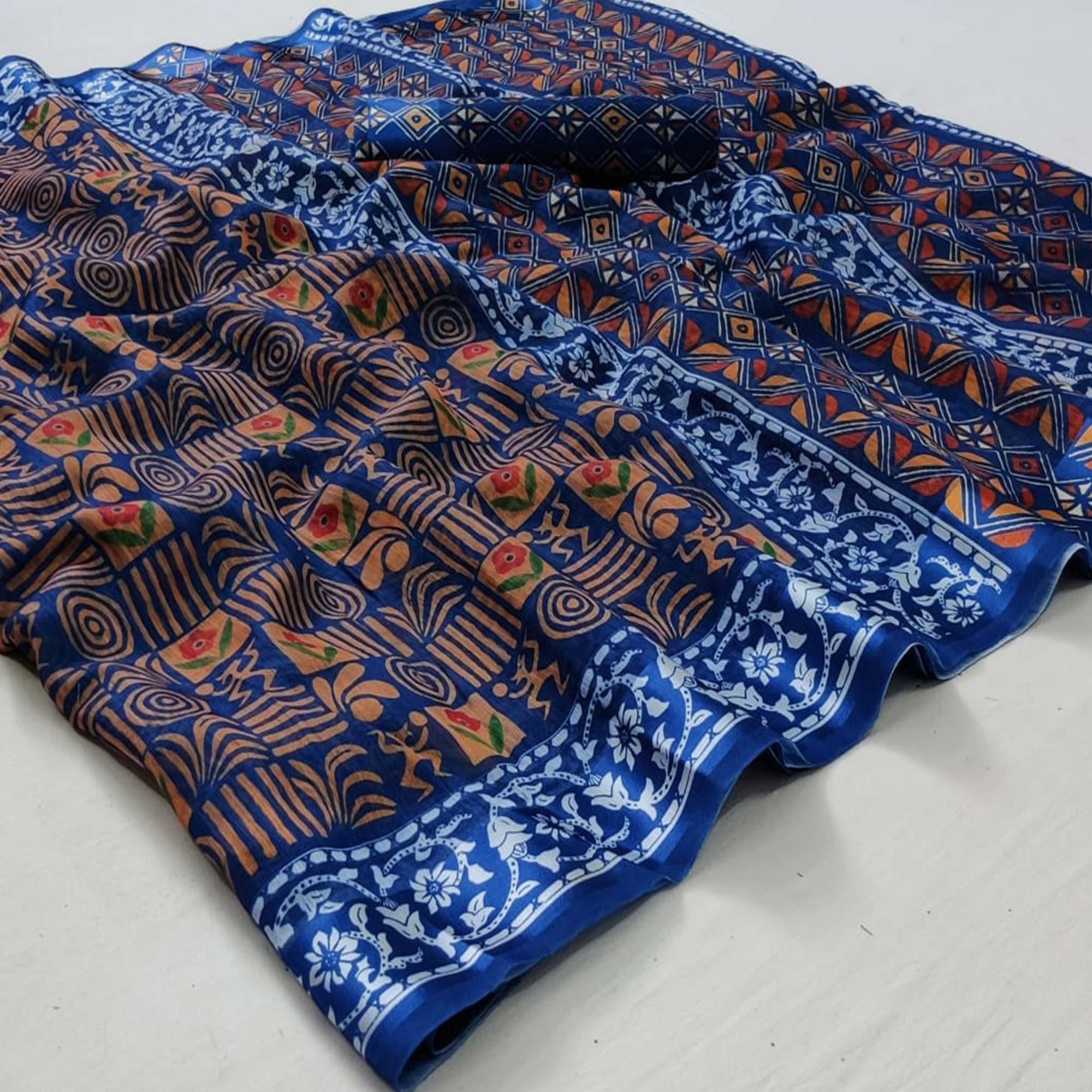Blue Casual Wear Floral Digital Printed Linen Saree - Peachmode