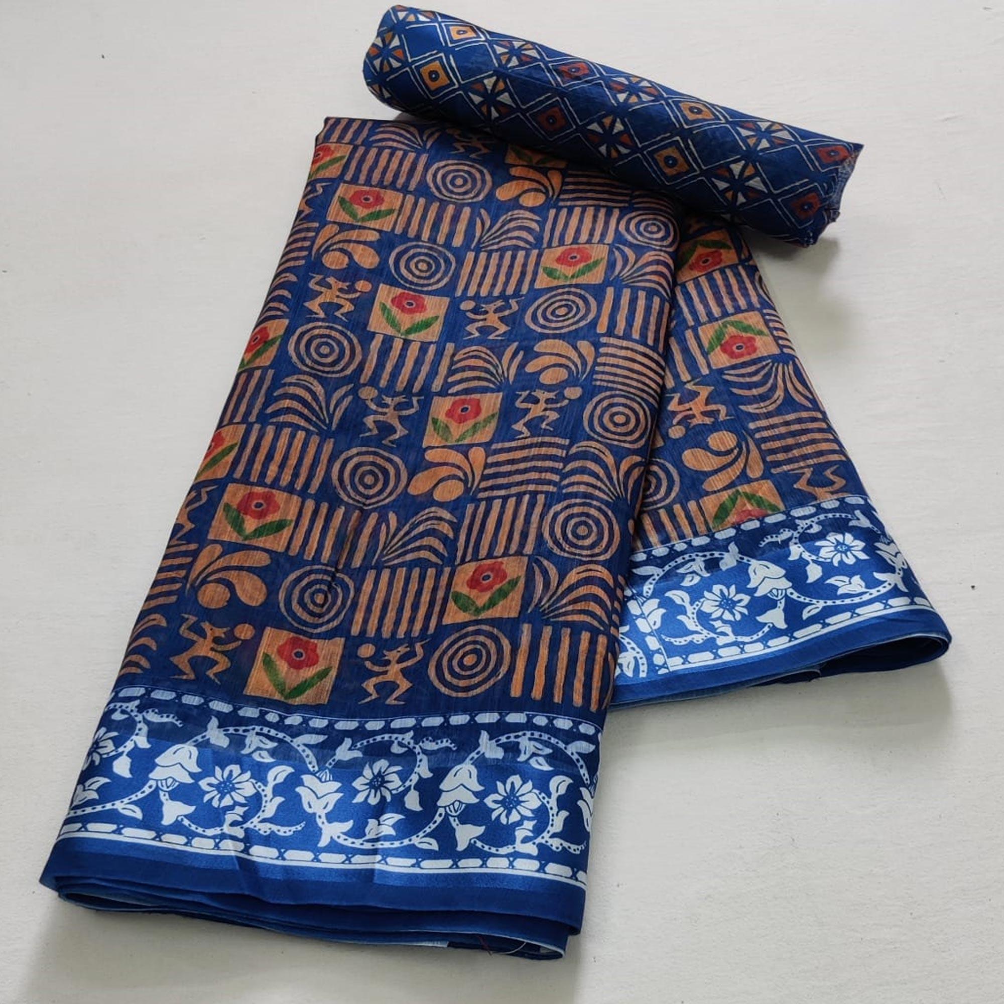 Blue Casual Wear Floral Digital Printed Linen Saree - Peachmode