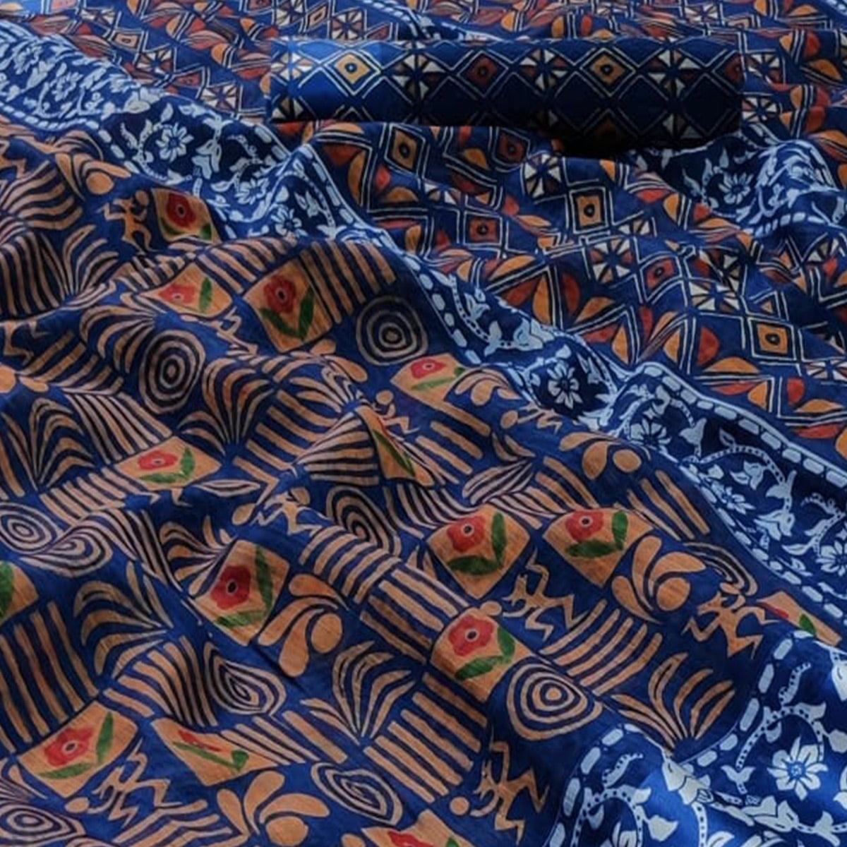 Blue Casual Wear Floral Digital Printed Linen Saree - Peachmode