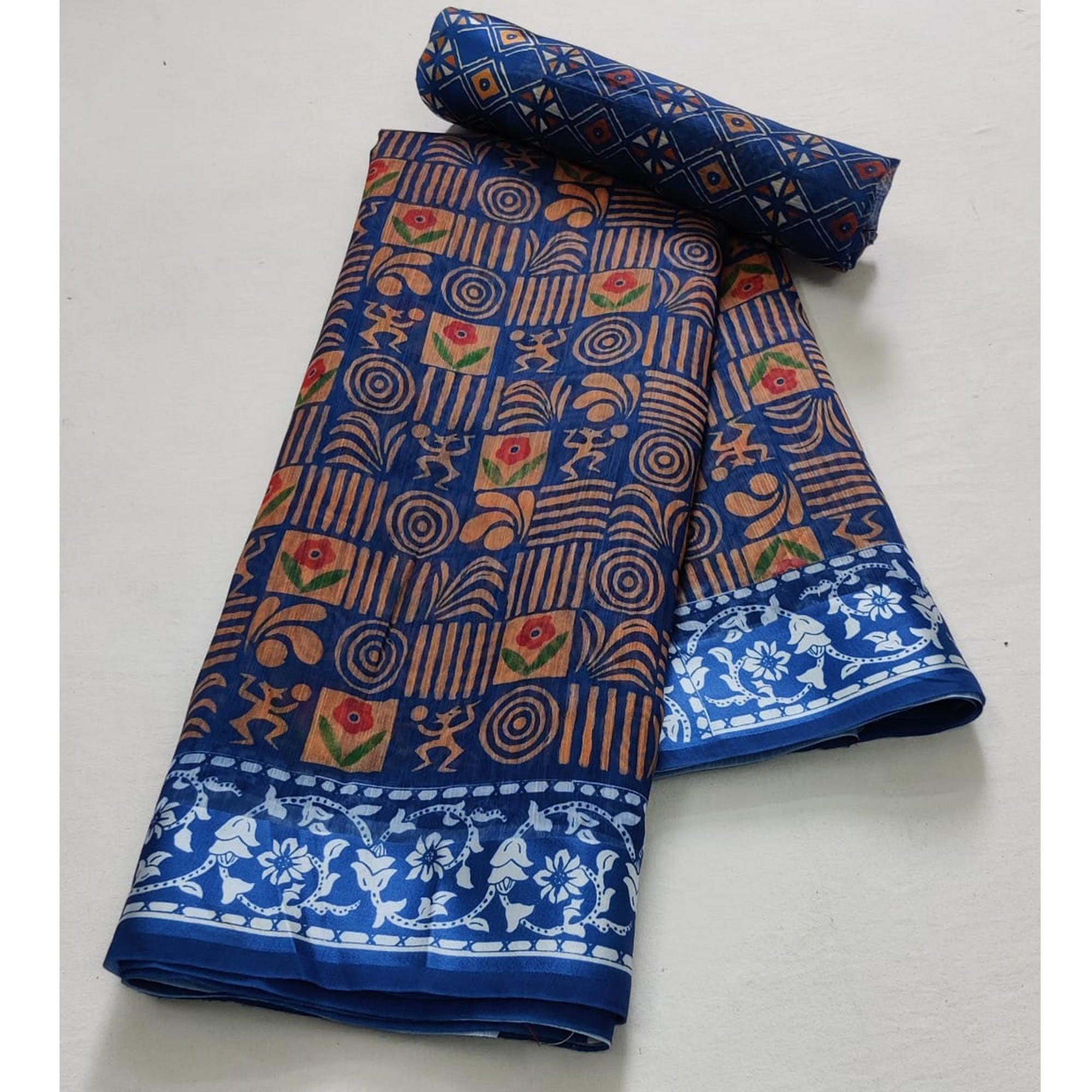 Blue Casual Wear Floral Digital Printed Linen Saree - Peachmode