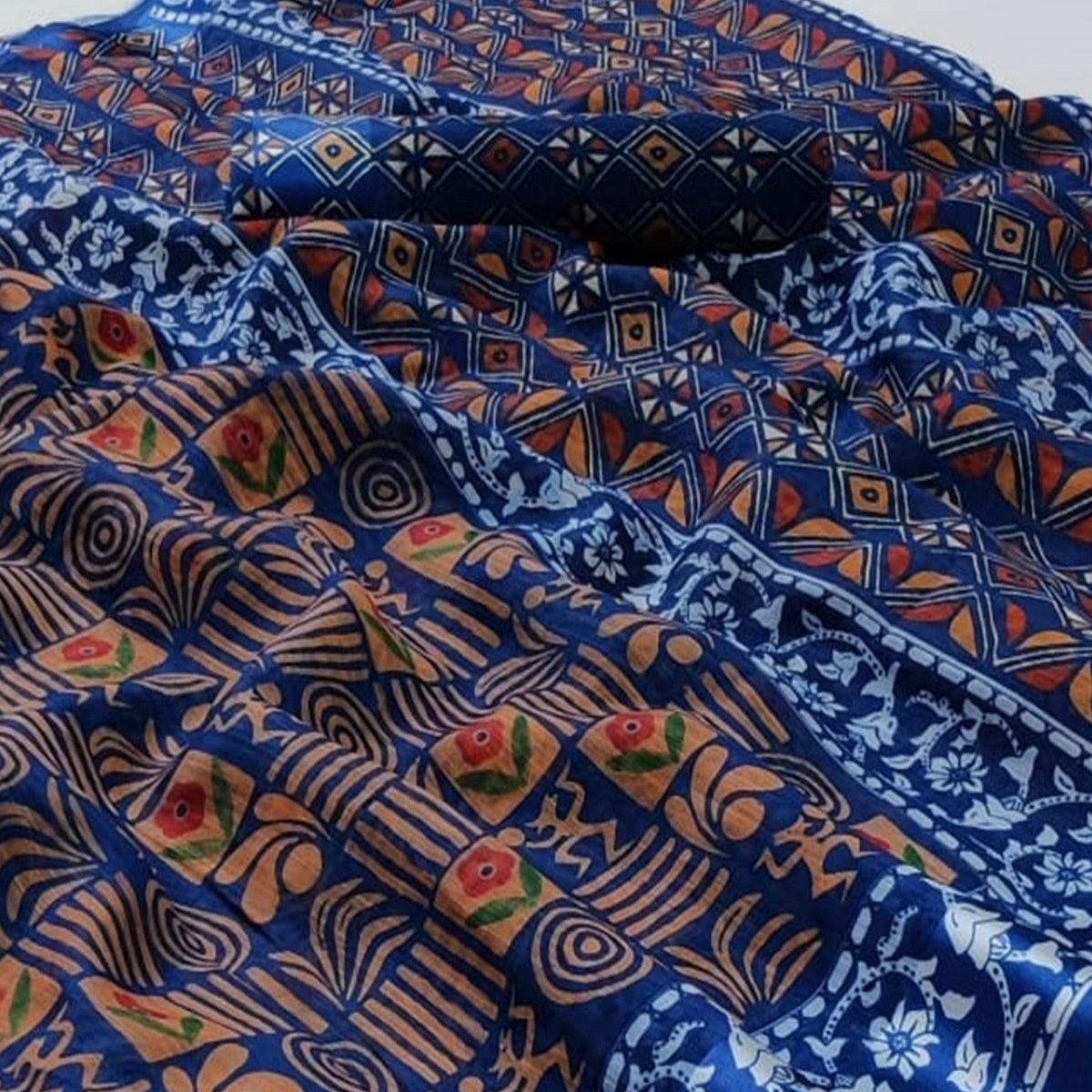 Blue Casual Wear Floral Digital Printed Linen Saree - Peachmode