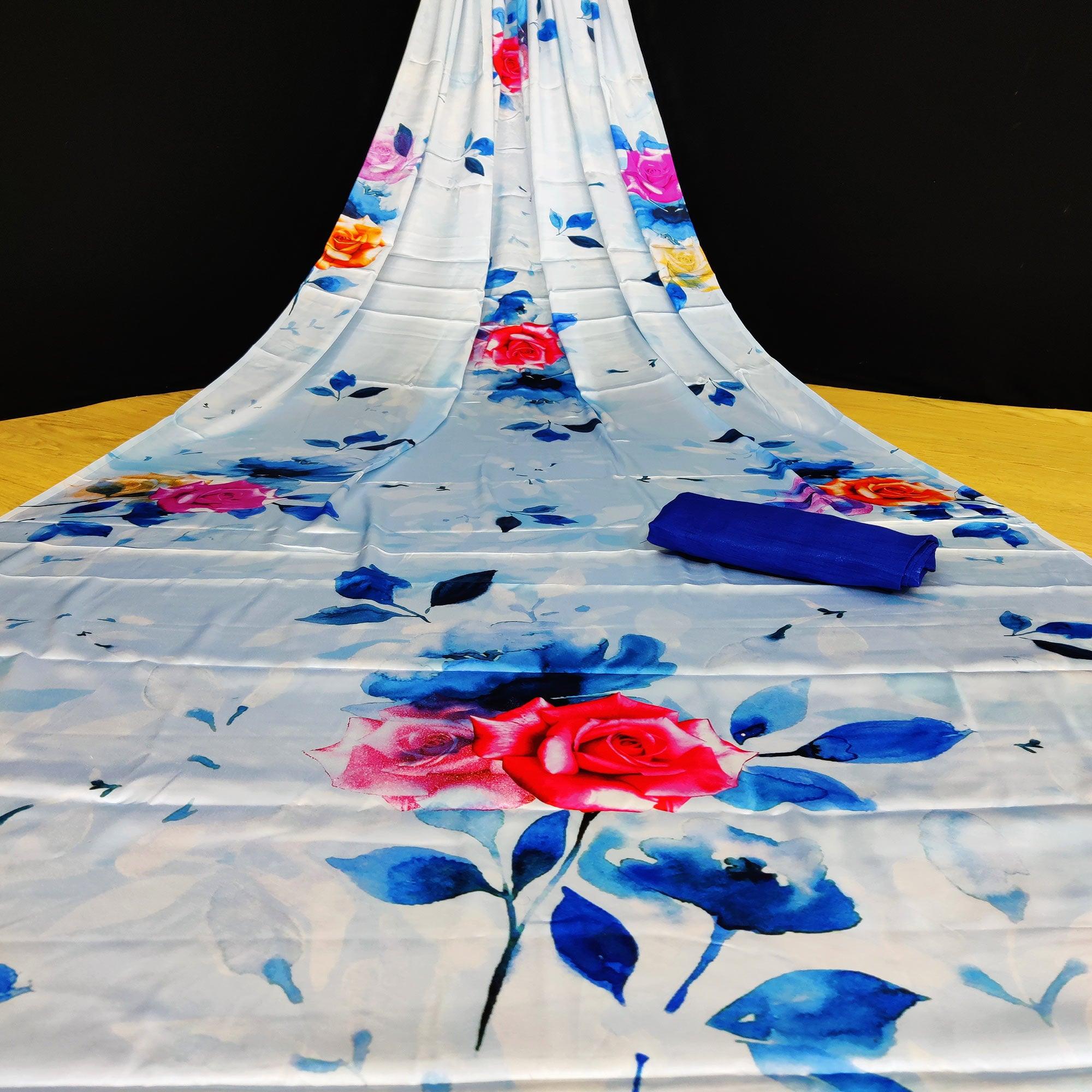 Blue Casual Wear Floral Digital Printed Satin Saree - Peachmode