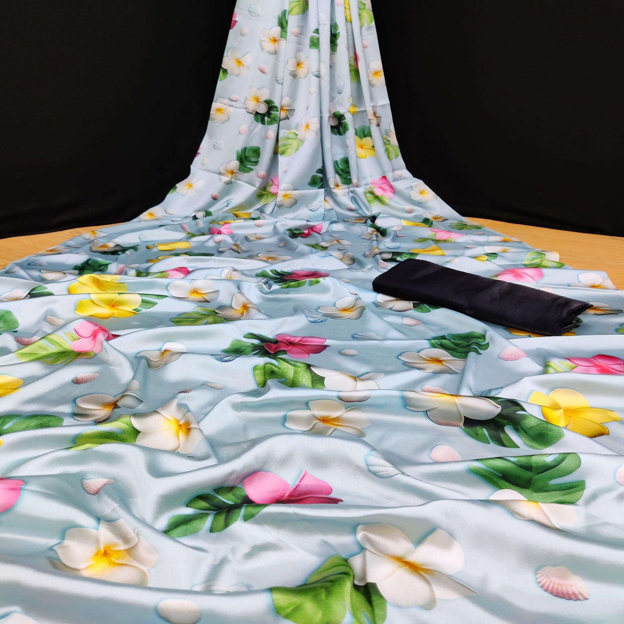 Blue Casual Wear Floral Digital Printed Satin Saree - Peachmode