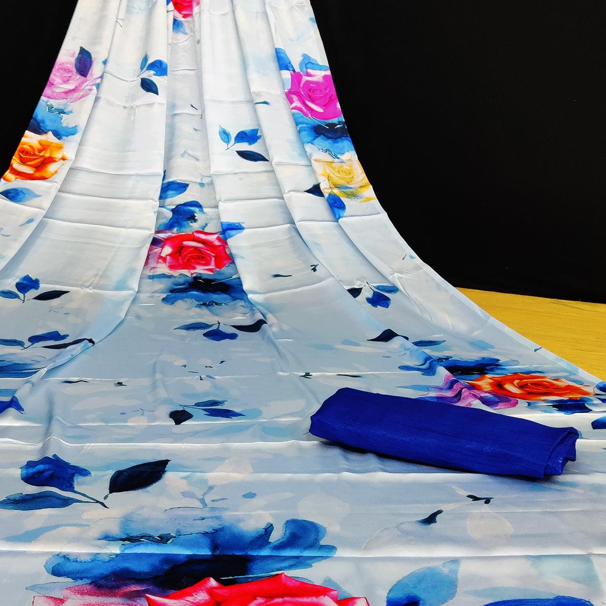 Blue Casual Wear Floral Digital Printed Satin Saree - Peachmode