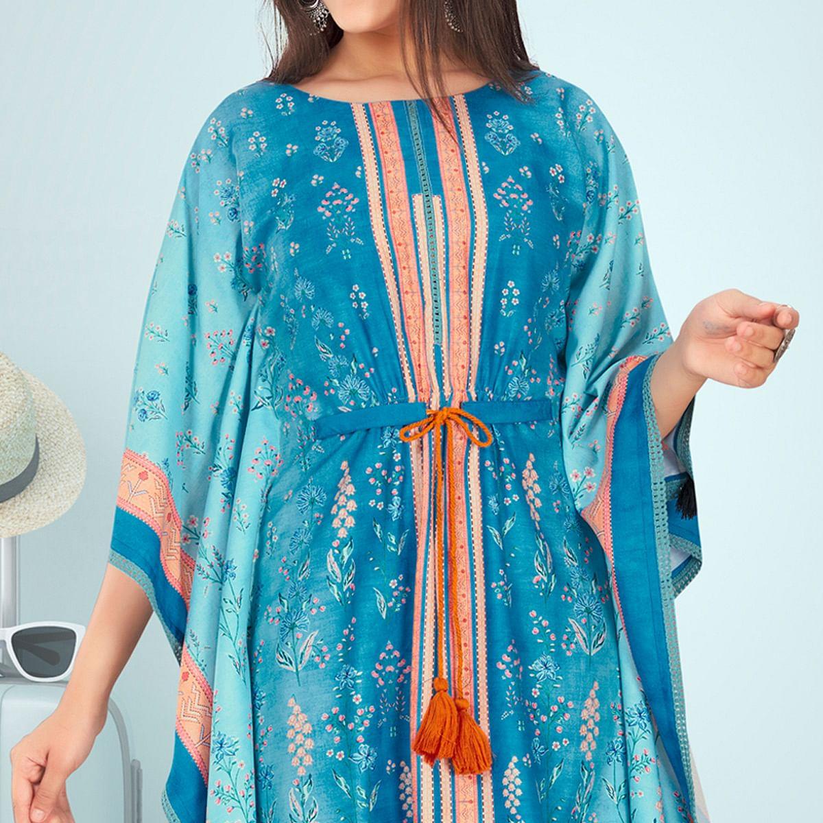 Blue Casual Wear Floral Digtial Printed Modal Kaftan Kurti - Peachmode