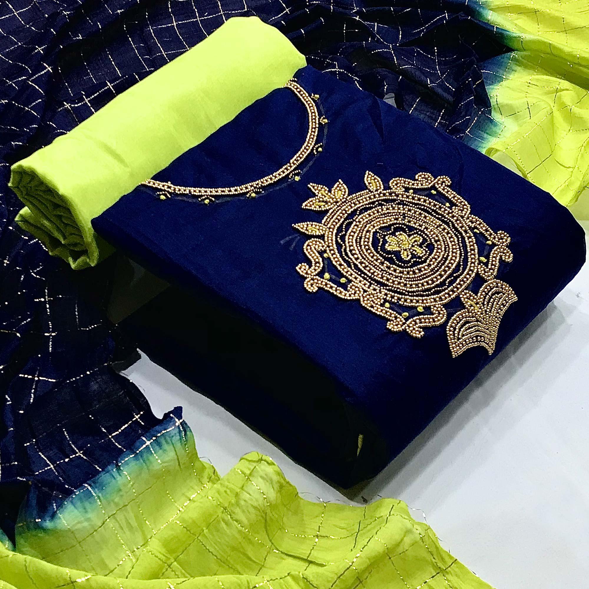 Blue Casual Wear Floral embellished Handwork Chanderi Dress Material - Peachmode