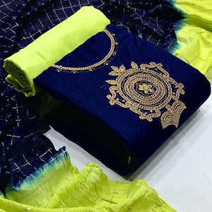 Blue Casual Wear Floral embellished Handwork Chanderi Dress Material - Peachmode