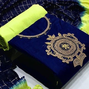 Blue Casual Wear Floral embellished Handwork Chanderi Dress Material - Peachmode