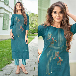 Blue Casual Wear Floral Embroidered Cotton Kurti Pant Set - Peachmode