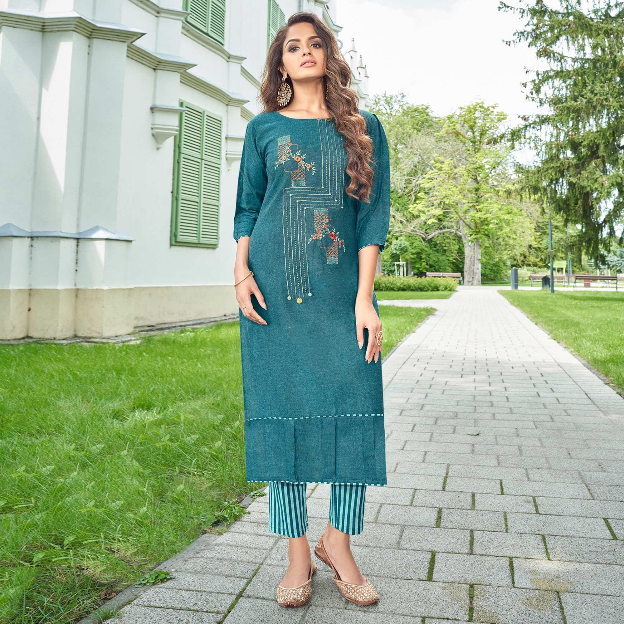 Blue Casual Wear Floral Embroidered Cotton Kurti Pant Set - Peachmode