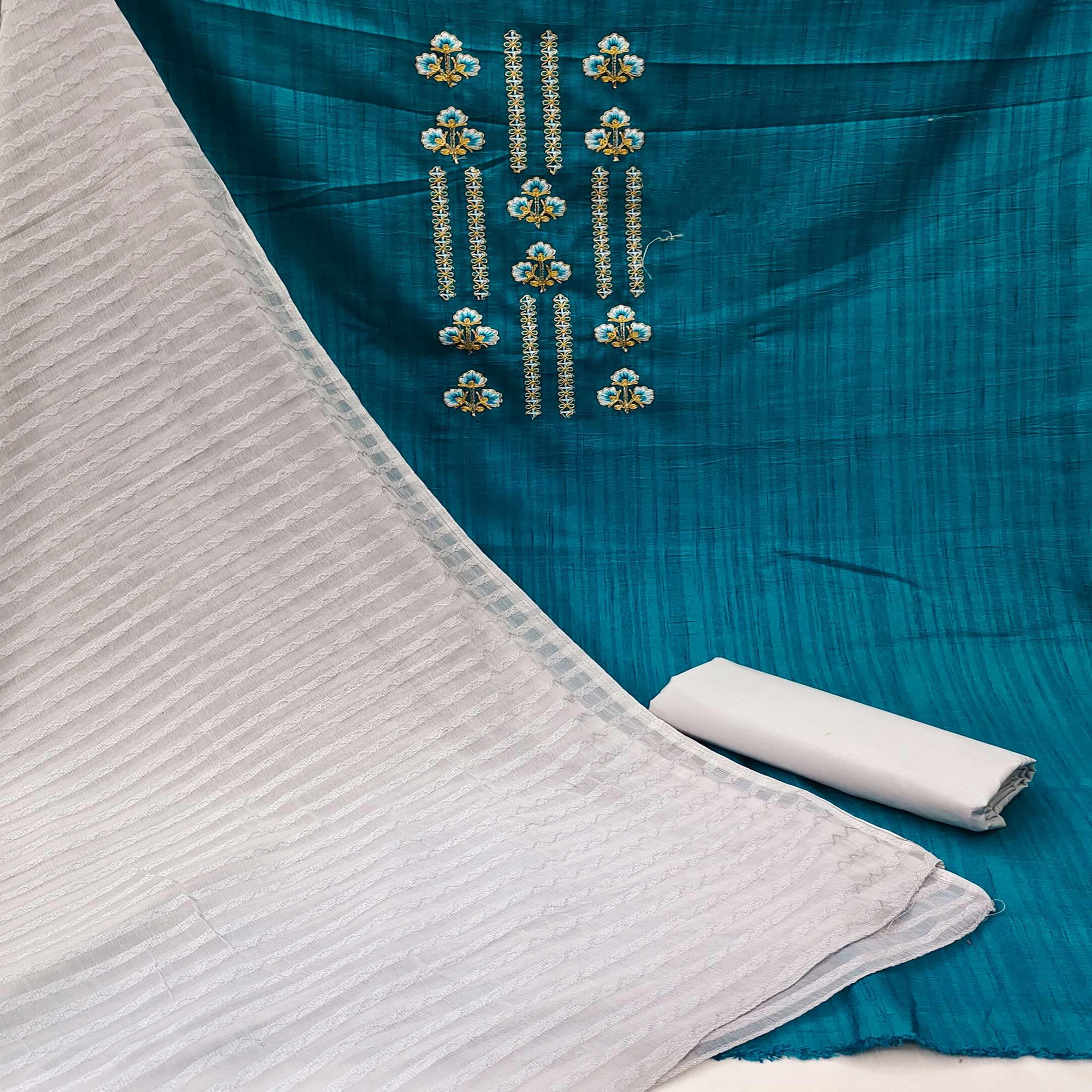 Blue Casual Wear Floral Embroidered Cotton Silk Dress Material - Peachmode