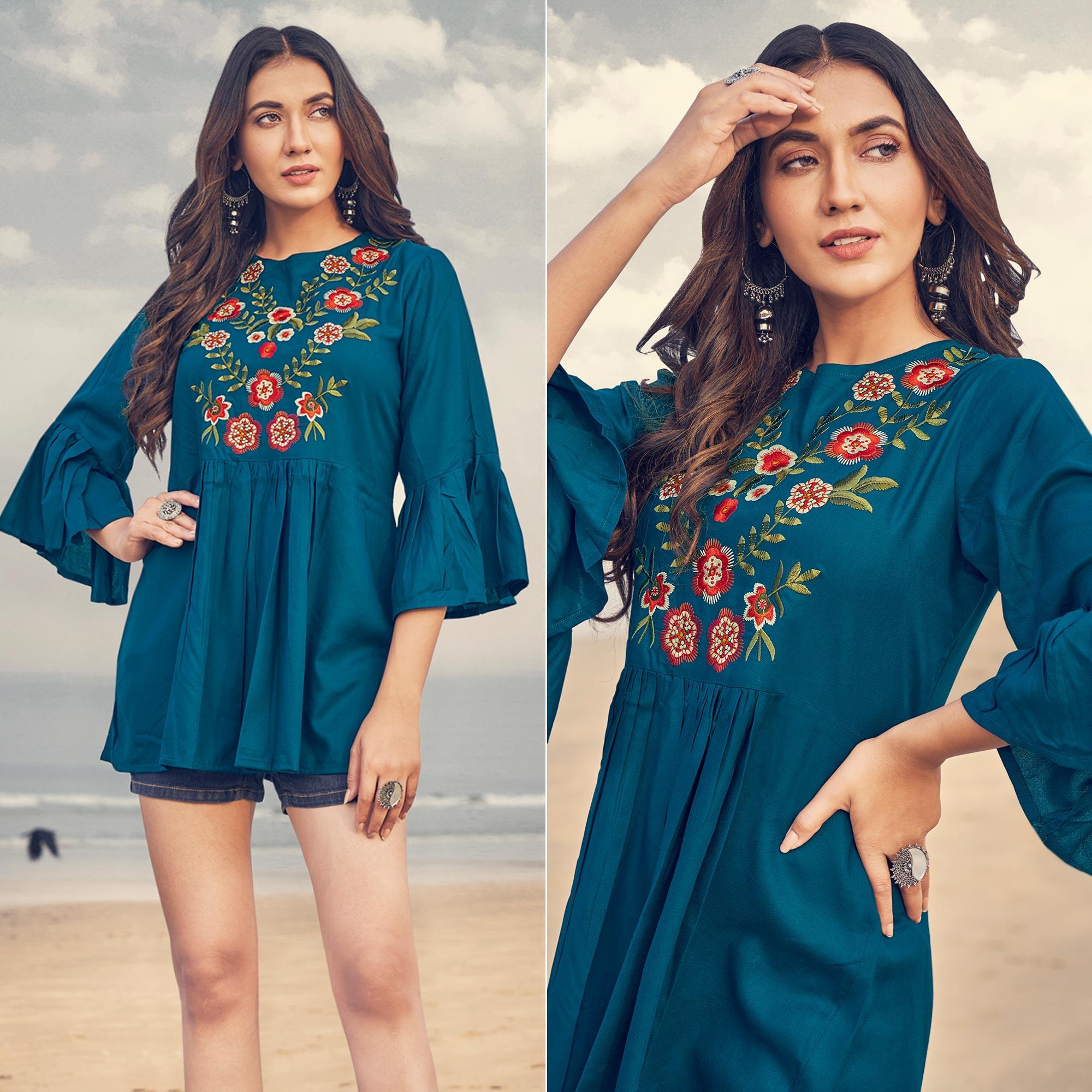 Blue Casual Wear Floral Embroidered Rayon Top - Peachmode