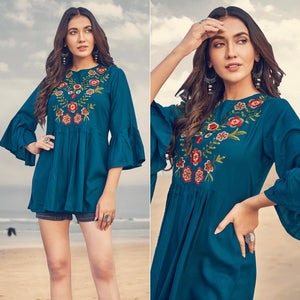Blue Casual Wear Floral Embroidered Rayon Top - Peachmode