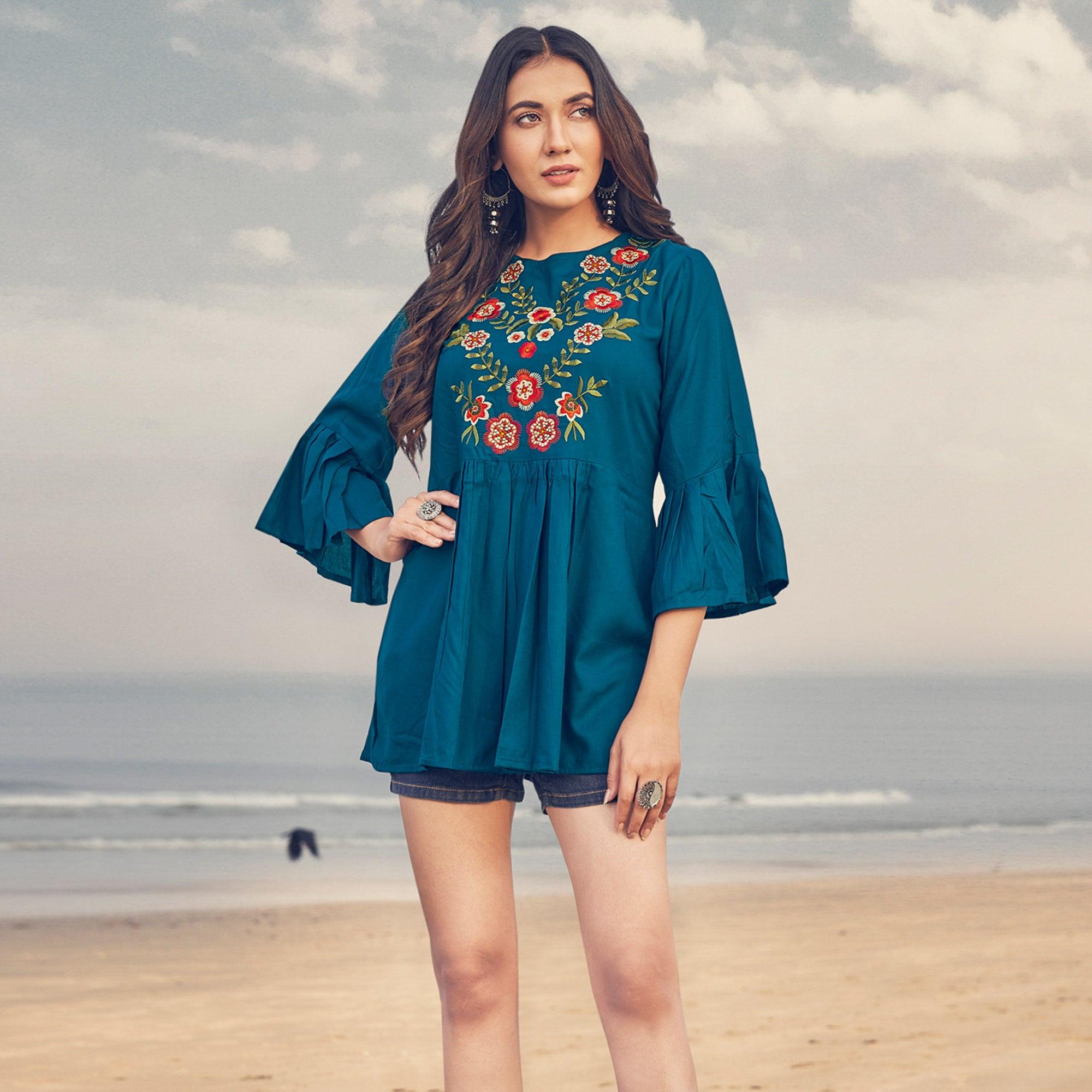 Blue Casual Wear Floral Embroidered Rayon Top - Peachmode