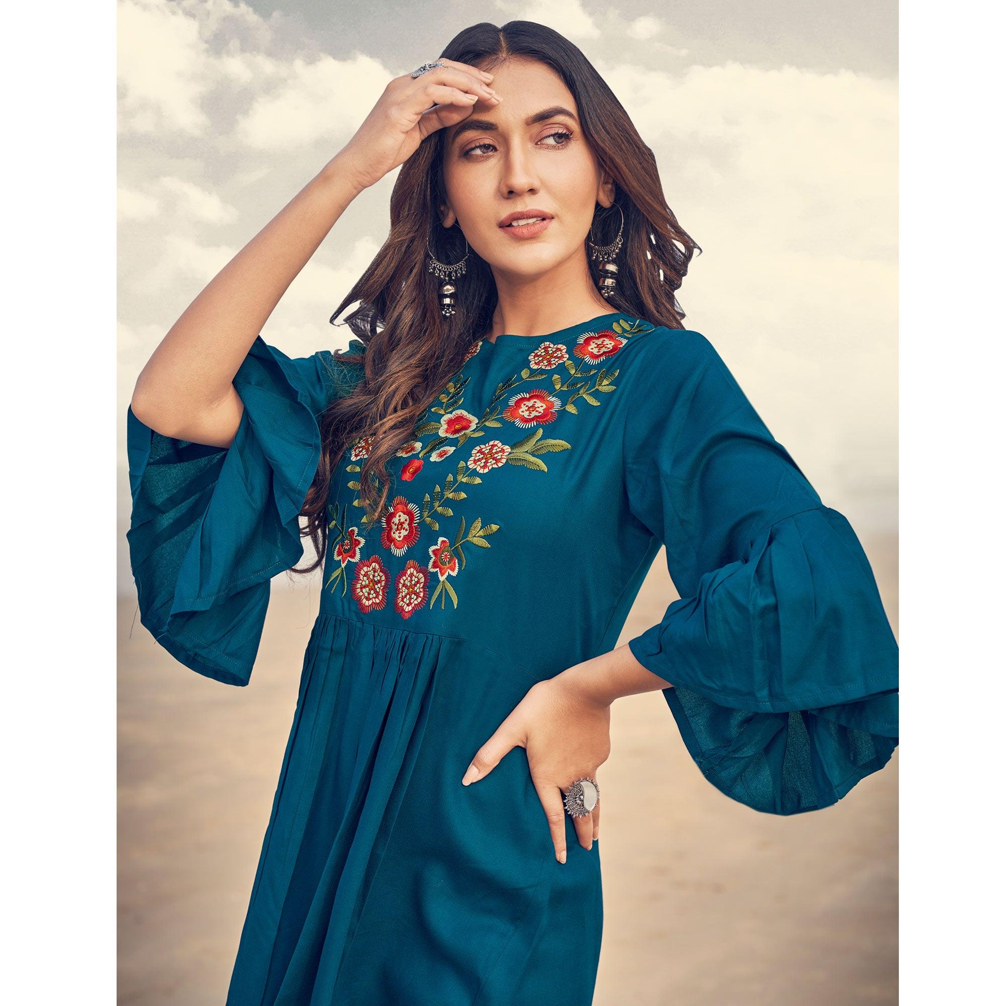 Blue Casual Wear Floral Embroidered Rayon Top - Peachmode